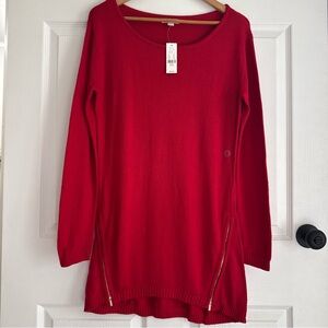 New York & Company Red Longline Sweater Tunic with Zipper Detail | Size Small